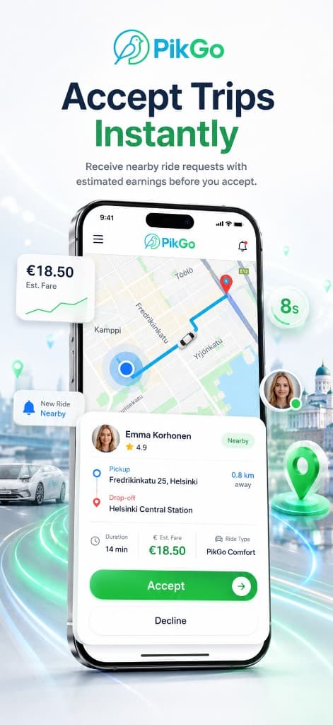 پذیرش درخواست سفر در اپلیکیشن راننده PikGo