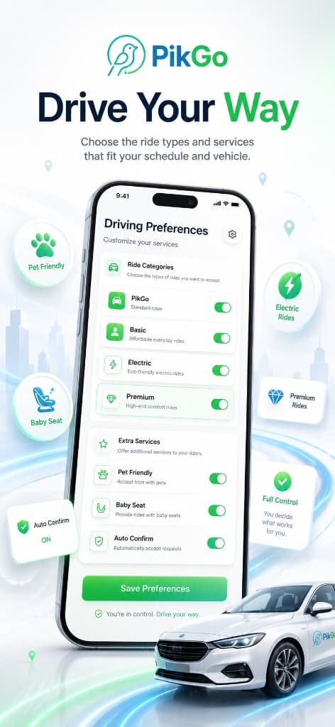تنظیمات ترجیحات رانندگی در اپلیکیشن راننده PikGo